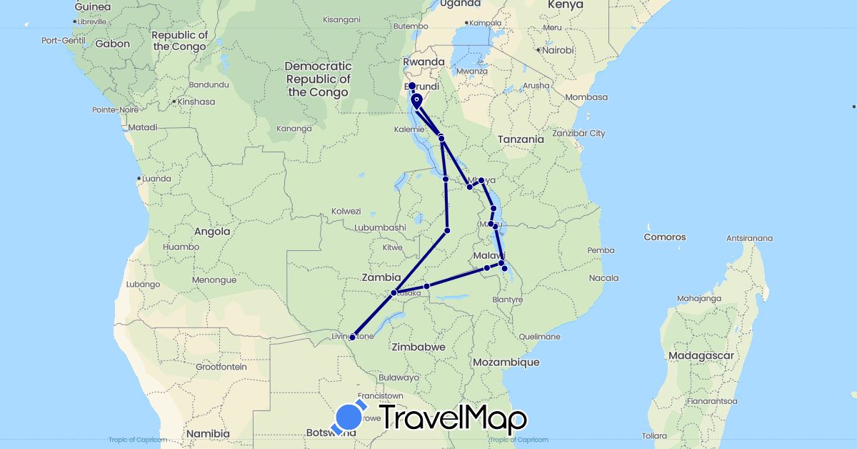 TravelMap itinerary: driving in Burundi, Malawi, Tanzania, Zambia, Zimbabwe (Africa)